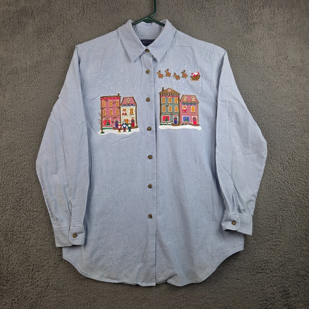 Vintage Christmas Shirt Women's Small Karen Scott Blue Embroidered Santa Holiday